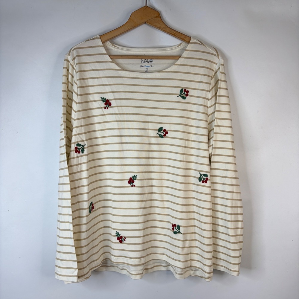 Croft & Barrow Classic Tee Women XXL Cream Tan Striped Berry Embroidered LS